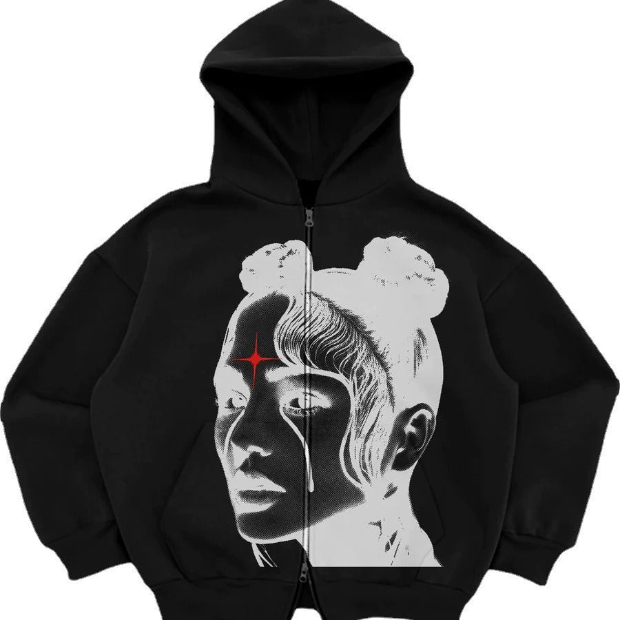 Black Graphic Zip-Up