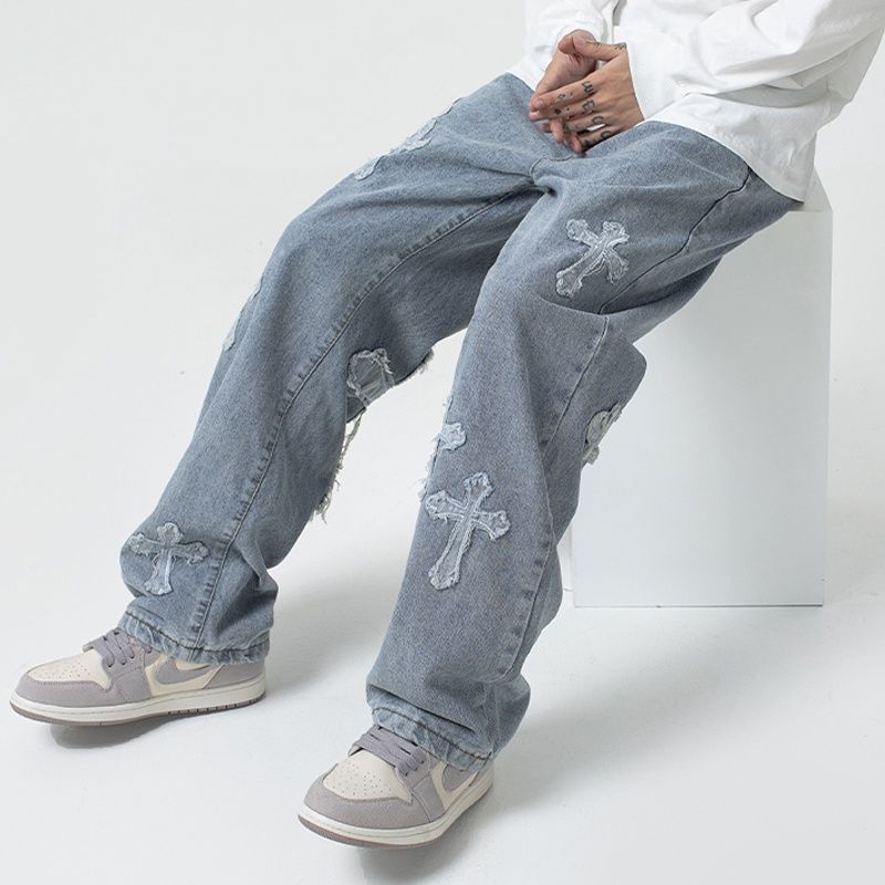 "Distressed Cross" Y2K Jeans