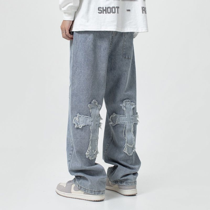 "Distressed Cross" Y2K Jeans