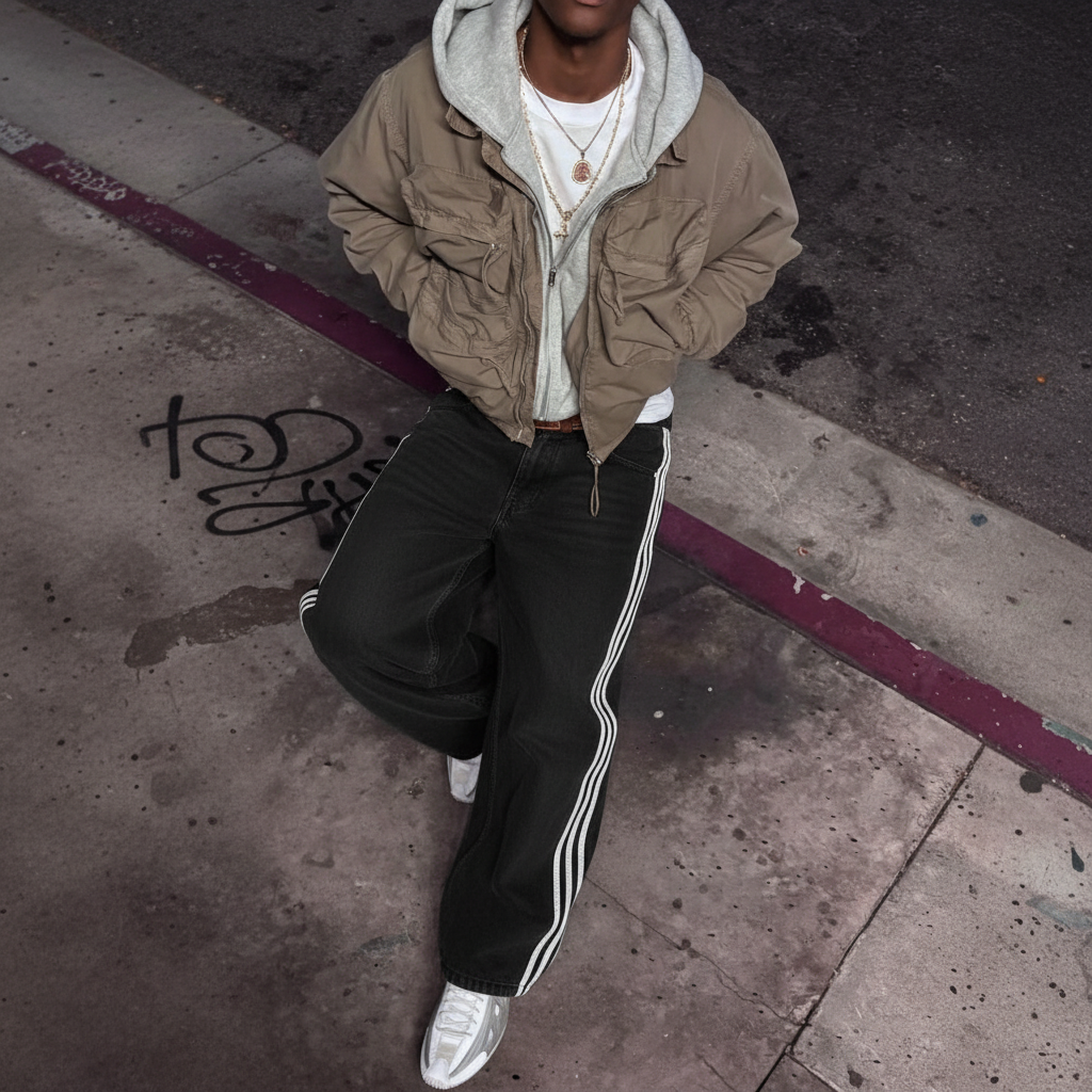 Model wearing black Streetwear Striped Jeans