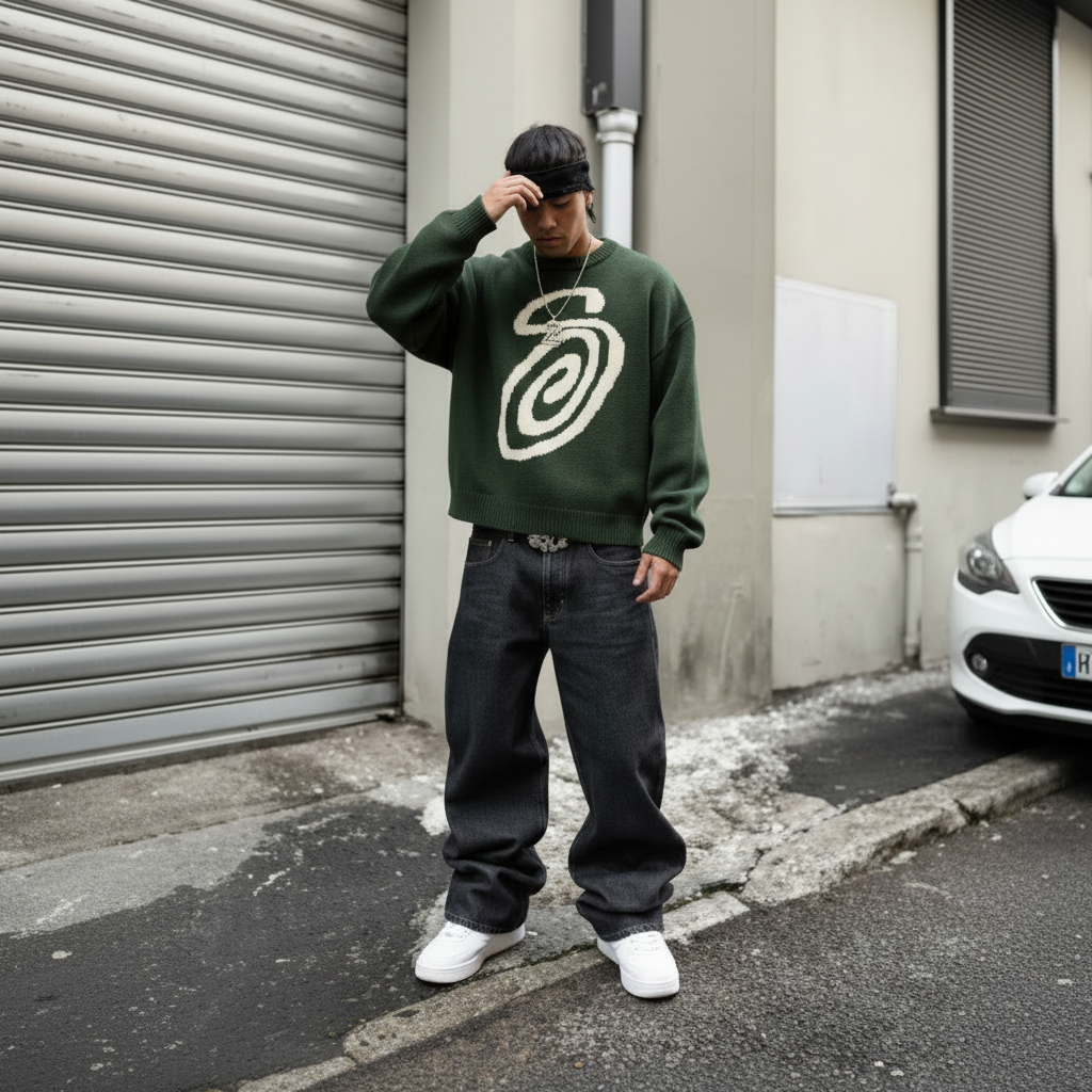 Model wearing green Knitted S Sweater - square format